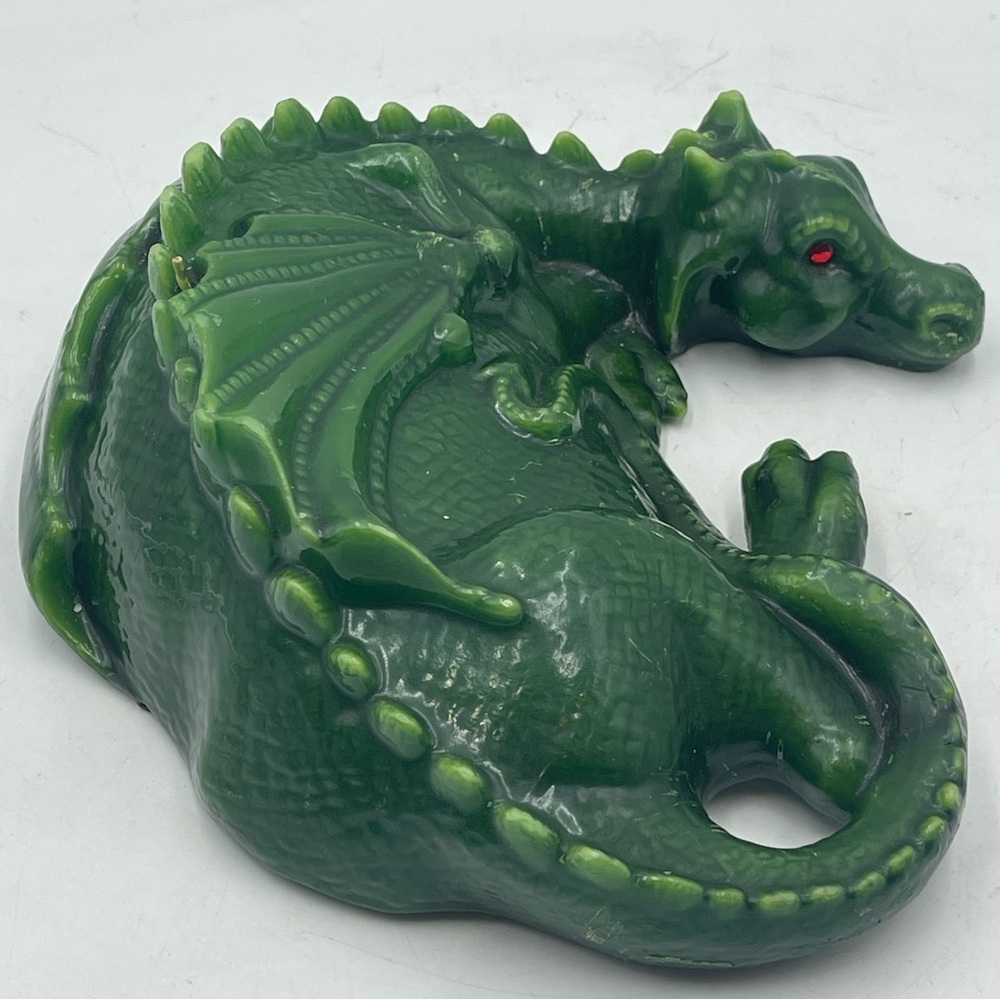 Vintage Unburnt Wax Candle Mythical Green Dragon Shaped Reptile w/Red Glass Eyes